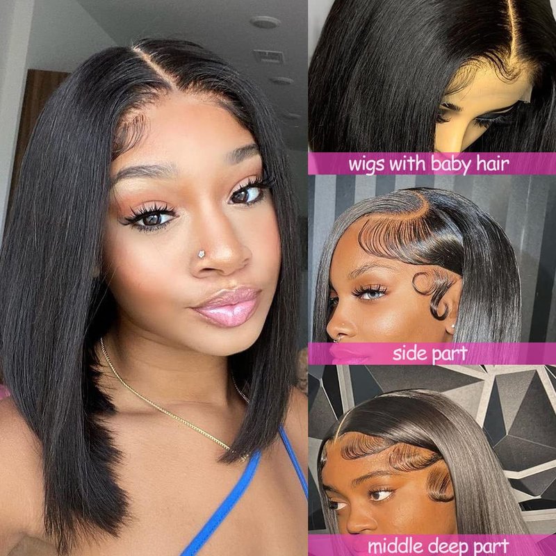 Bob Wig Human Hair 13x6 HD Lace Front Wigs Human Hair 180% Density Straight Lace Front Bob Wigs for Black Women Pre Plucked Pre Cut 100% Brazilian Virgin Real Hair Glueless Wigs Black Color 12 Inch