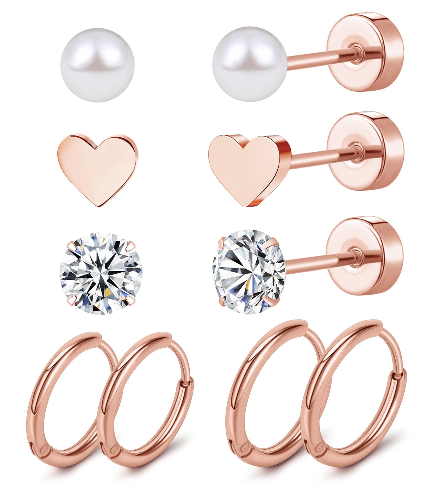 MJust Titanium Earrings for Sensitive Ears 20G Hypoallergenic Stud Hoop Earrings for Women Men Opal Ball CZ Heart Pearl Flat Back Earrings Cartilage Earrings Set