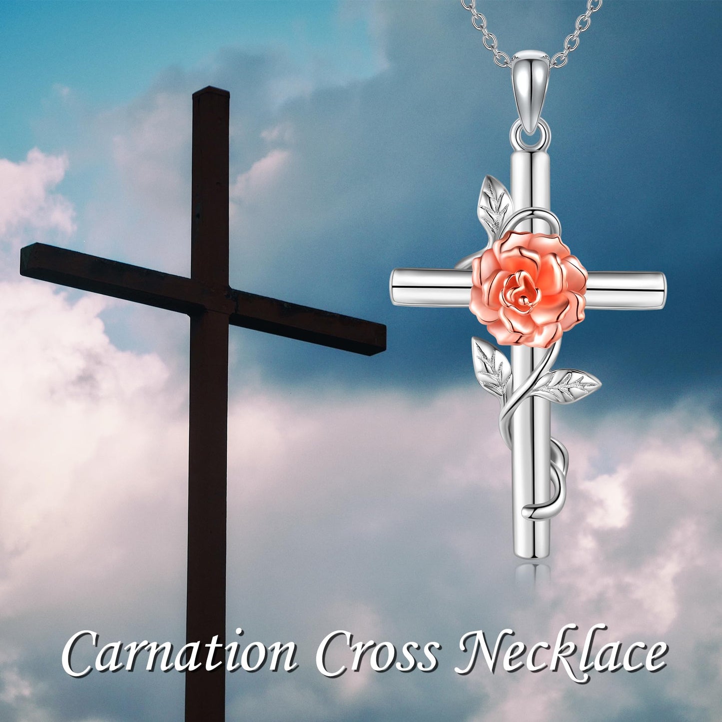 JERWLI Carnation Necklace 925 Sterling Silver Carnation Cross Necklace January Birth Flower Jewelry for Women