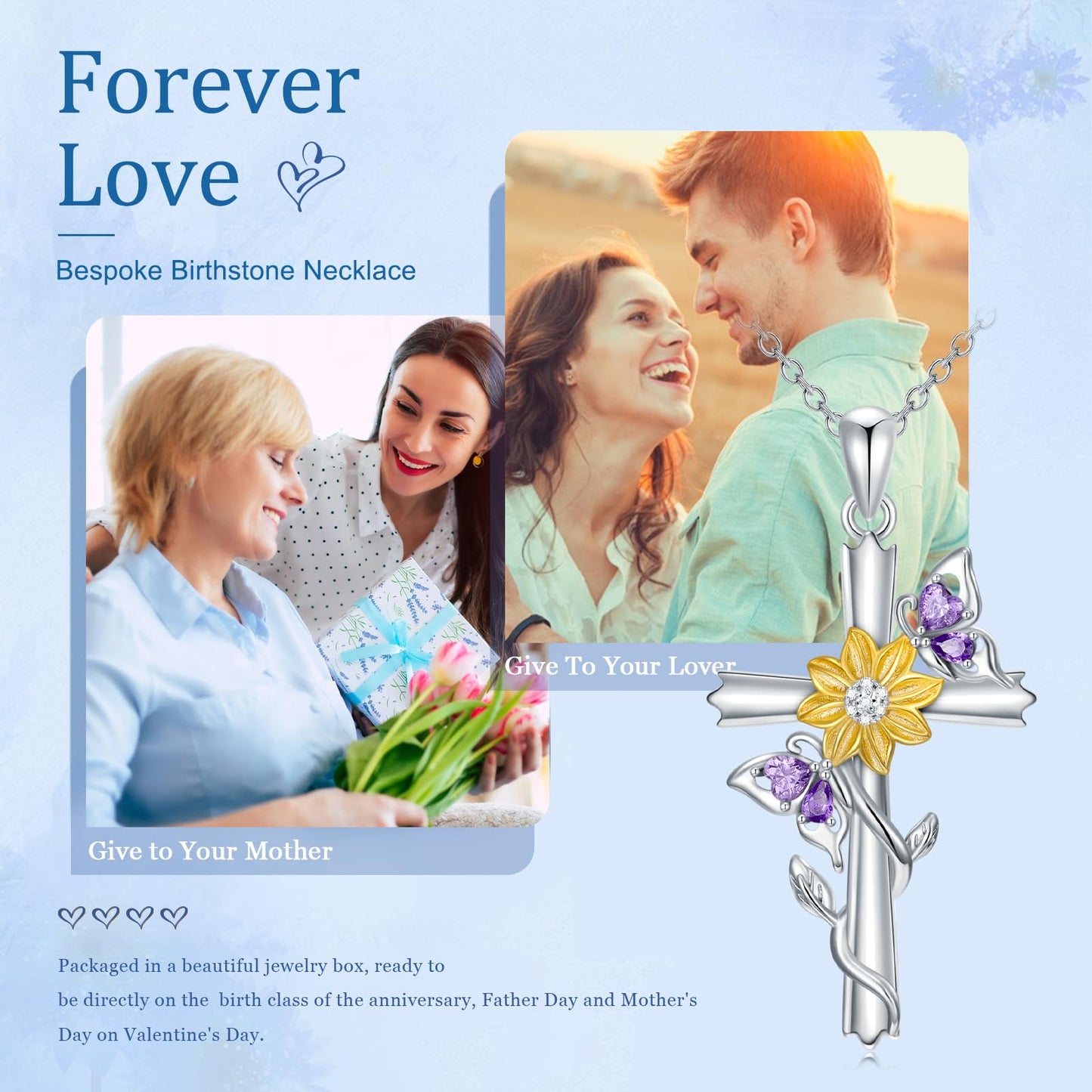 KoyeKei Butterfly Sunflower Necklace for Women 925 Sterling Silver Double Butterfly Cross Necklaces Pendant Christian Sunflower Jewelry Gifts Mothers Day Graduation Gift for Mom Wife Sister