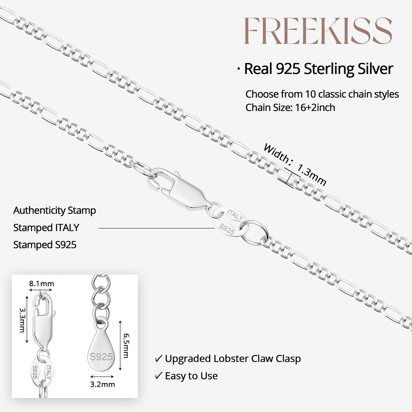 Freekiss Figaro Chain Necklace 925 Sterling Silver for Women 16+2 Inch Classic Simple Italian Style Choker Chain Necklace Adjustable Dainty Layered Silver Jewelry Gift 2mm