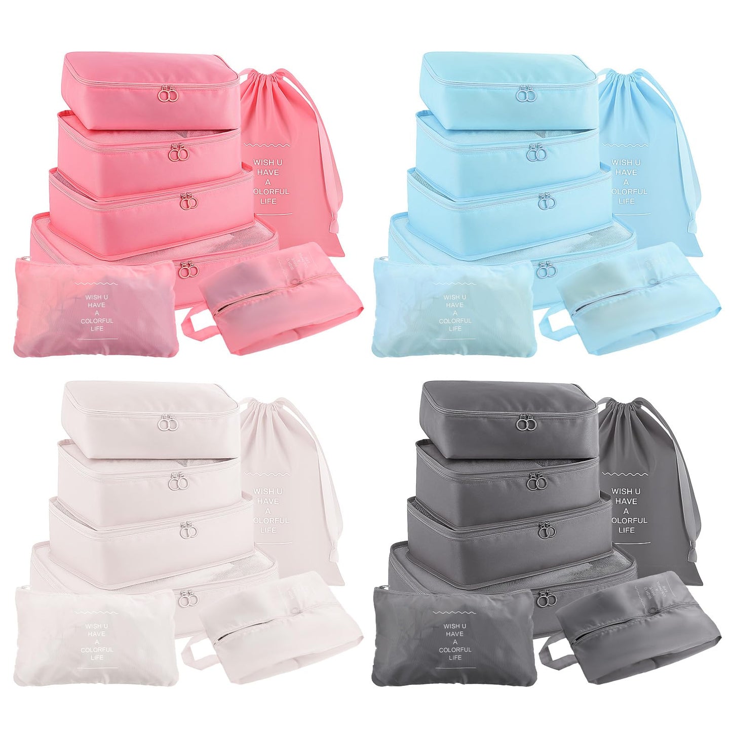 PercyEffie 28 Set Packing Cubes for Travel Luggage Organizer Bags Foldable Travel Organizers with Mesh Shoe Bags Toiletry for Suitcases Family Trips Camping (Beige Gray Pink Light Blue)