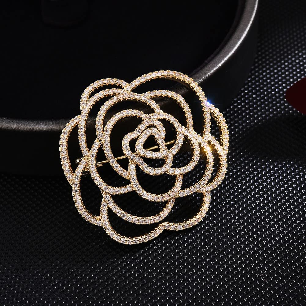 EMEGCY Camellia Brooch for Women Camellia Rhinestone Brooch Rose Pin Gold Plated Camellia Lapel Pin Jewelry Gift for Mom Wife