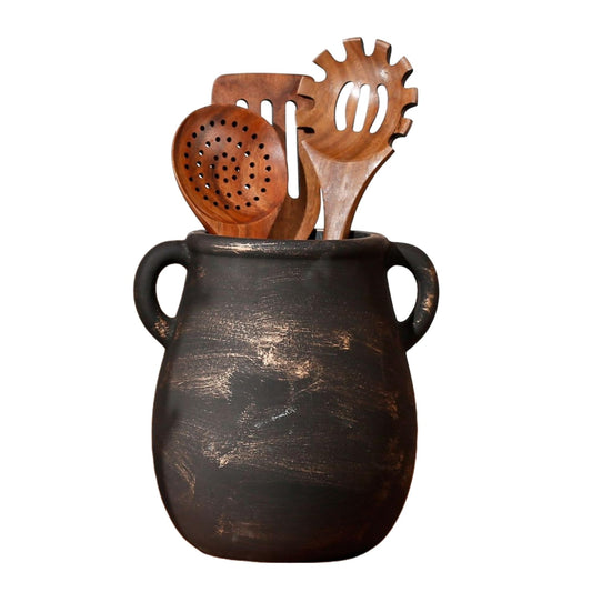 Alaiaiden Rustic Kitchen Utensil Holder for Countertop, Ceramic Utensil Crock for Kitchen Counter,Farmhouse Spatula Organizer for Countertop, Vintage Crock Decor, Ideal Housewarming Gift (Black)