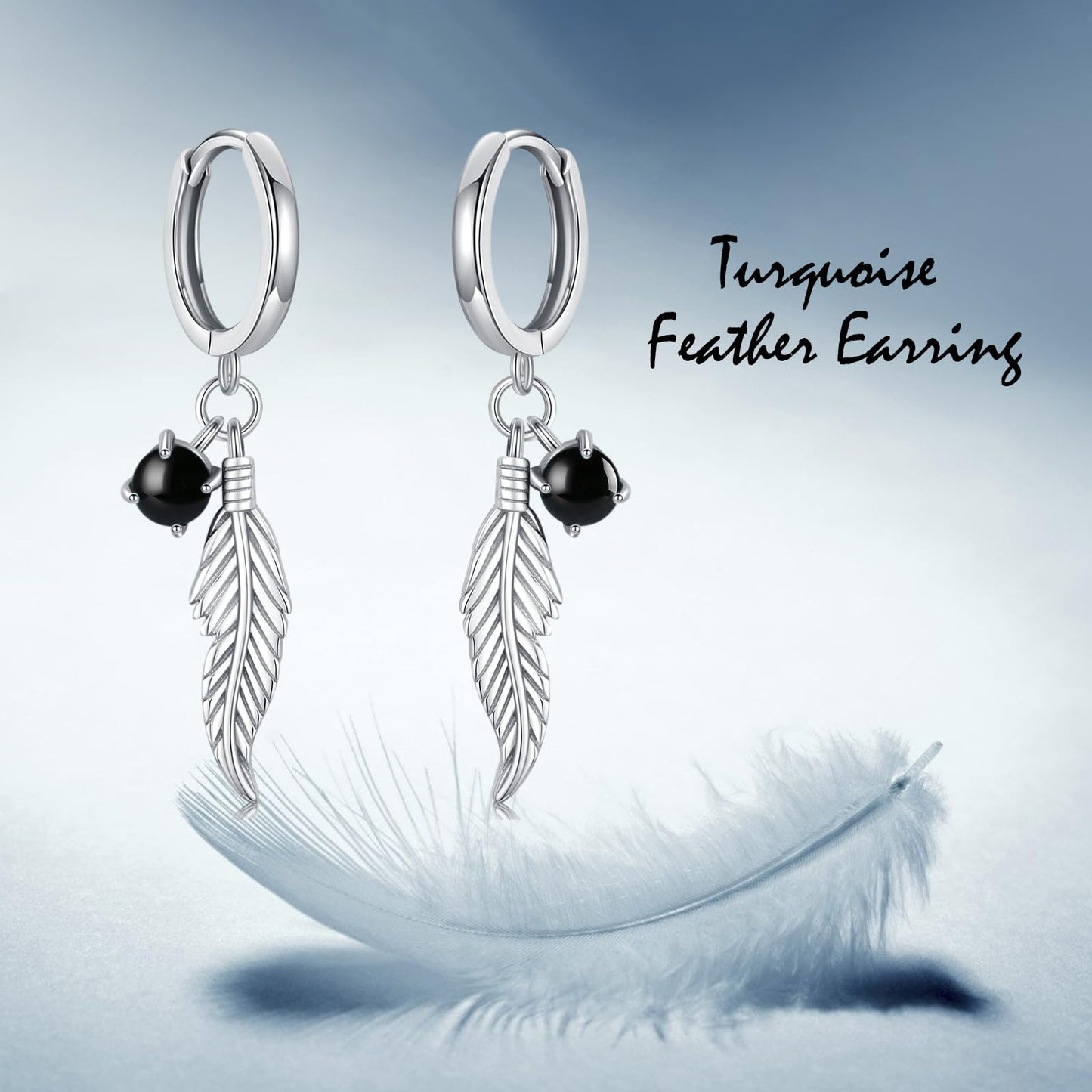 Feather Black Onyx Earrings 925 Sterling Silver Black Onyx Dangle Drop Earrings Feather Jewelry Bohemian Gifts for Women