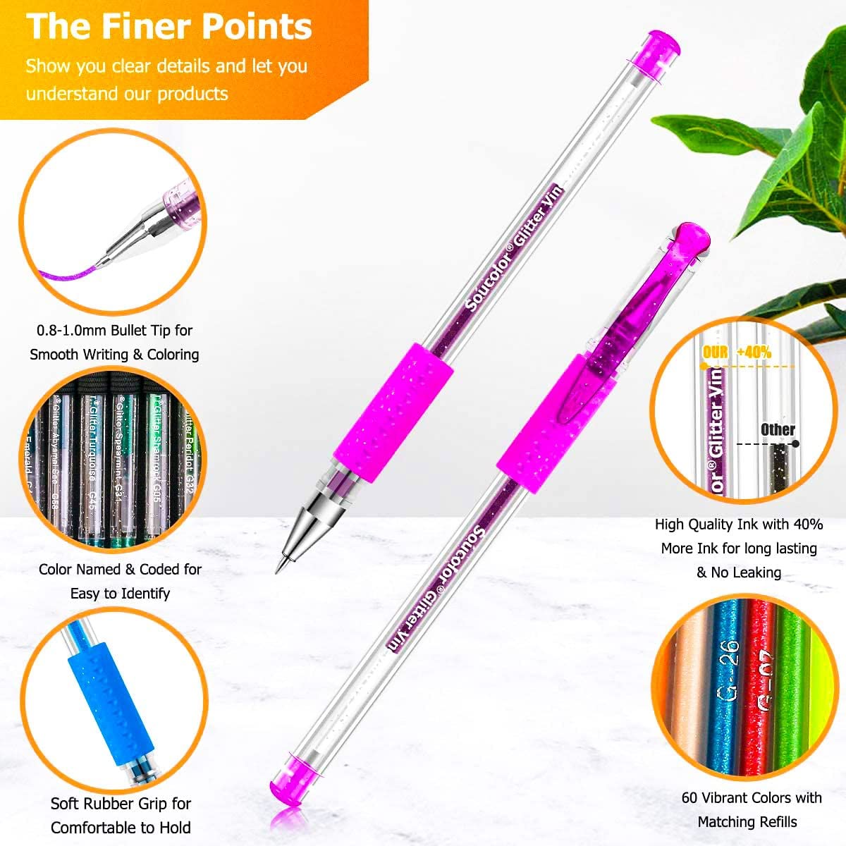 Soucolor Glitter Gel Pens for Adult Coloring Books, 120 Pack-60 Glitter Pens, 60 Refills and Travel Case, Nurse Aesthetic Cute Pens, School Office Home Supplies, Gifts for Women and Men