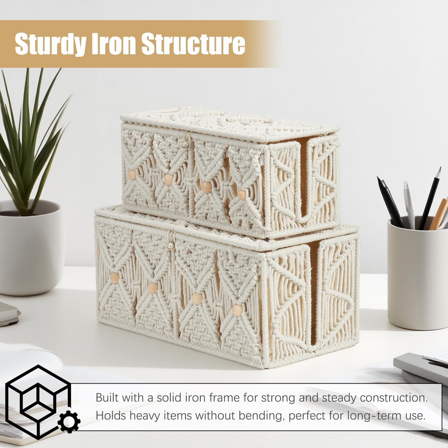 VinneGenzz Cable Management Box Handmade Macrame Cord Storage Organizer Power Strips Outlet Router Adapter TV Wire Hider Cover Under Desk Natural Cotton Rope Woven Boxes with Lid (Off White, Large)