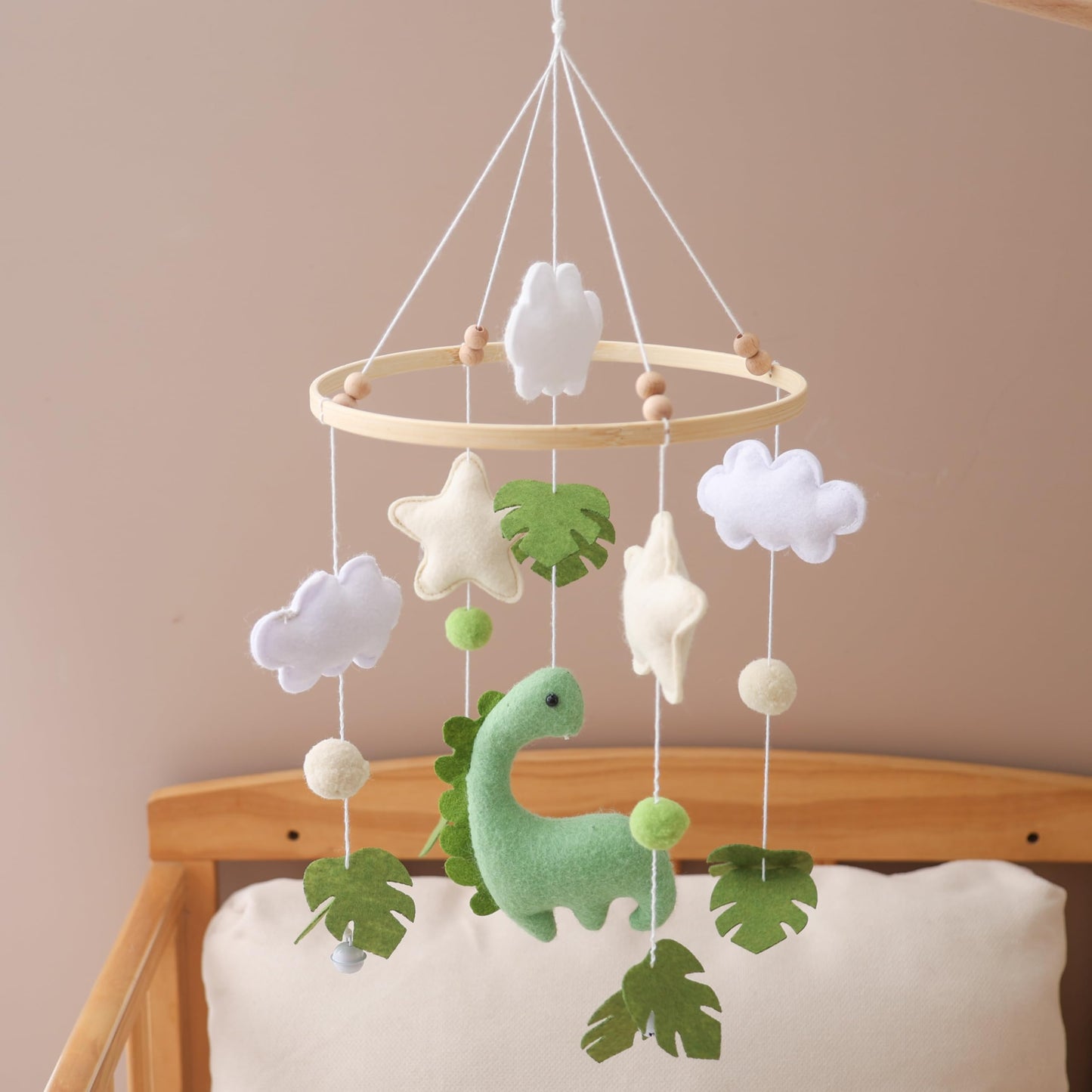 Mobile for Crib – Handmade Dinosaur Jungle Baby Mobile with Leaves & Stars, Baby Mobile for Crib Felt Hanging Toy Nursery Mobiles with Beech Wood Ring, Bassinet Mobile Dino Nursery Decor