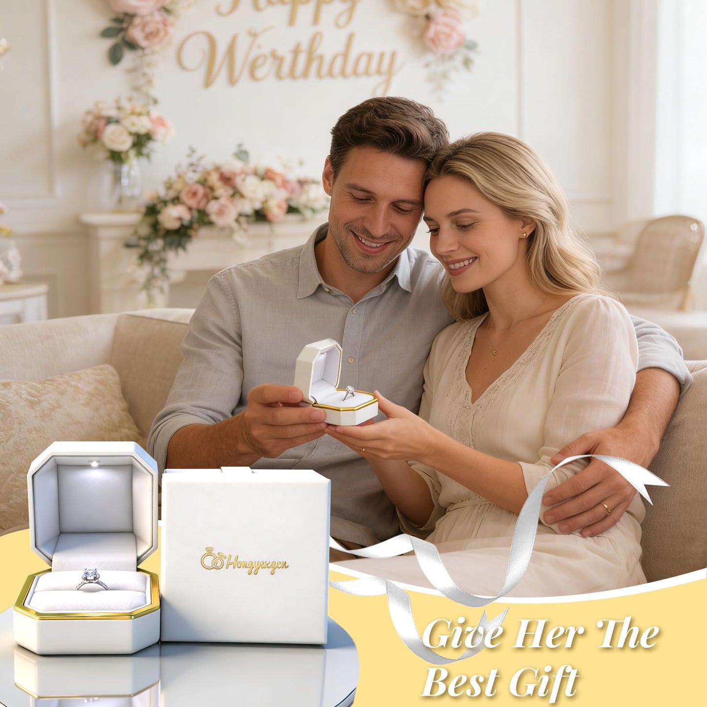HONGYEXGCN LED Ring Box for Proposal Engagement Wedding Prepared for Gifts, Luxury Ring Box The Best Gits are for the People Who Matter Most to You,Square Velvet Case Jewelry Gift Box (Pure - white)