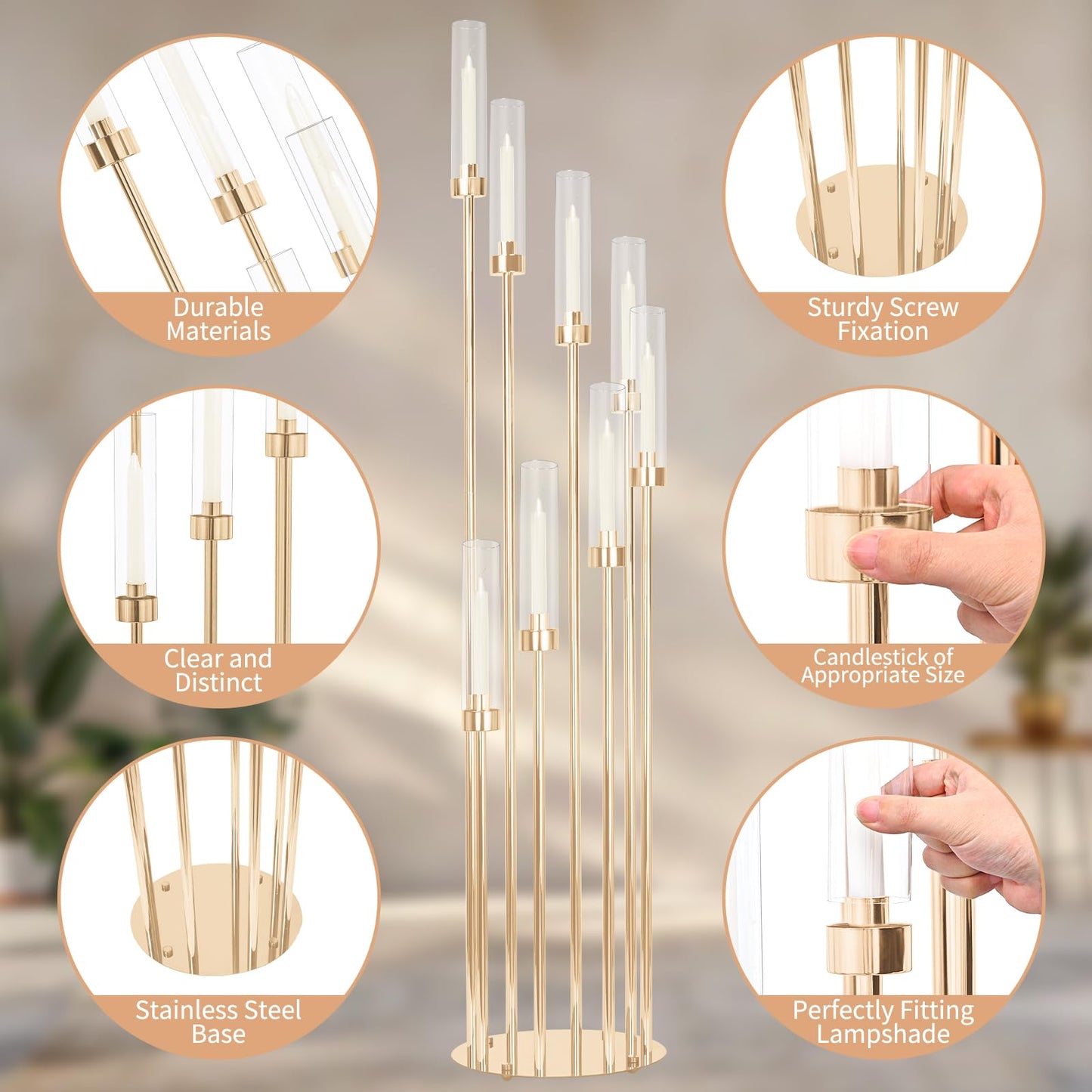 2 Sets Gold Candelabra,12 Arm Candlestick Holders with Acrylic Shades, 46'' High Large Floor Candle Holders for Wedding Centerpieces Table Decorations Fit 0.9" Candles and LED Taper Candles"