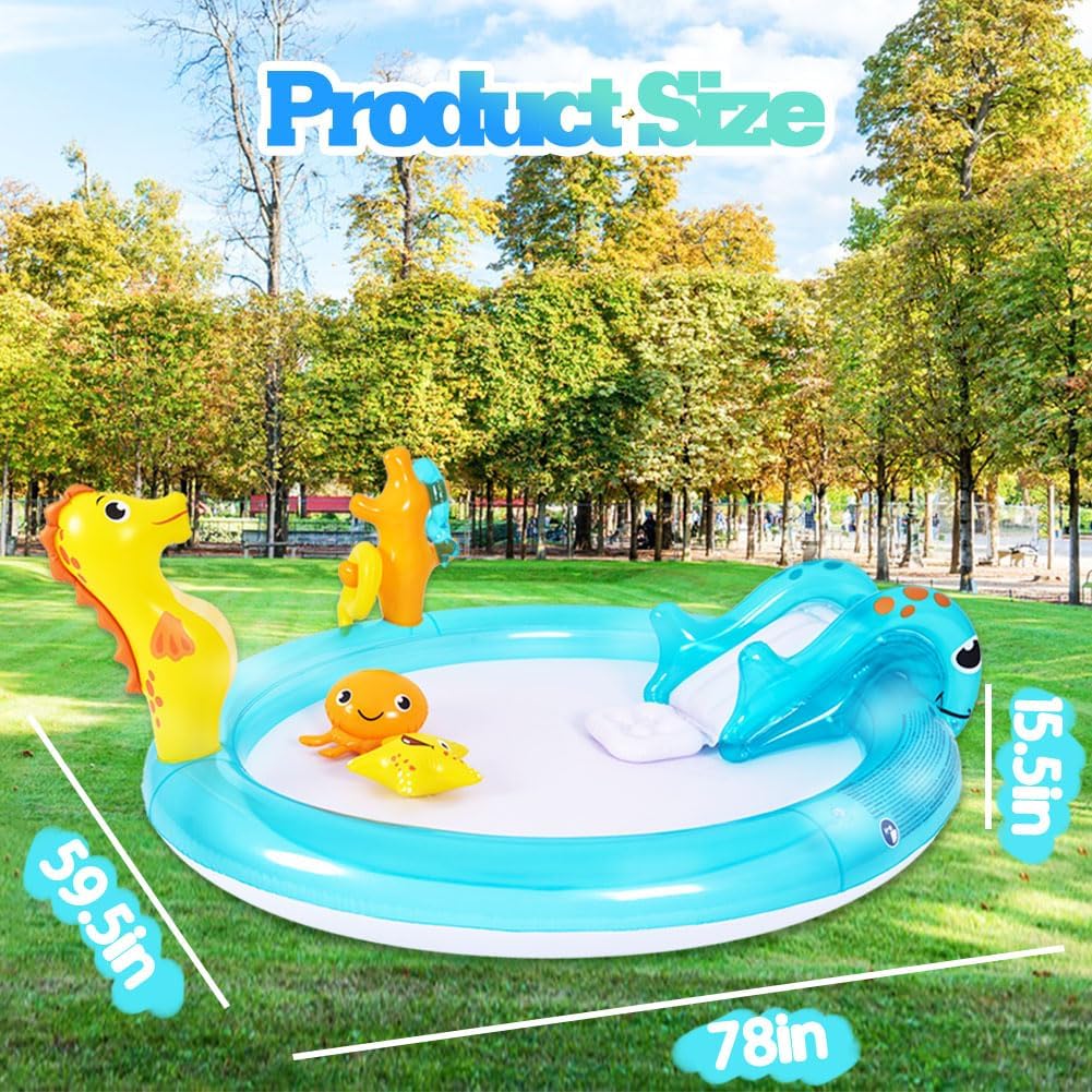Sea Animal Inflatable Kids Pool with Slide and Sprinkler, Inflatable Play Center with Rings & Animal Figures, 78"x59.5"x15.5" Kiddie Pool for Summer Outdoor Backyard