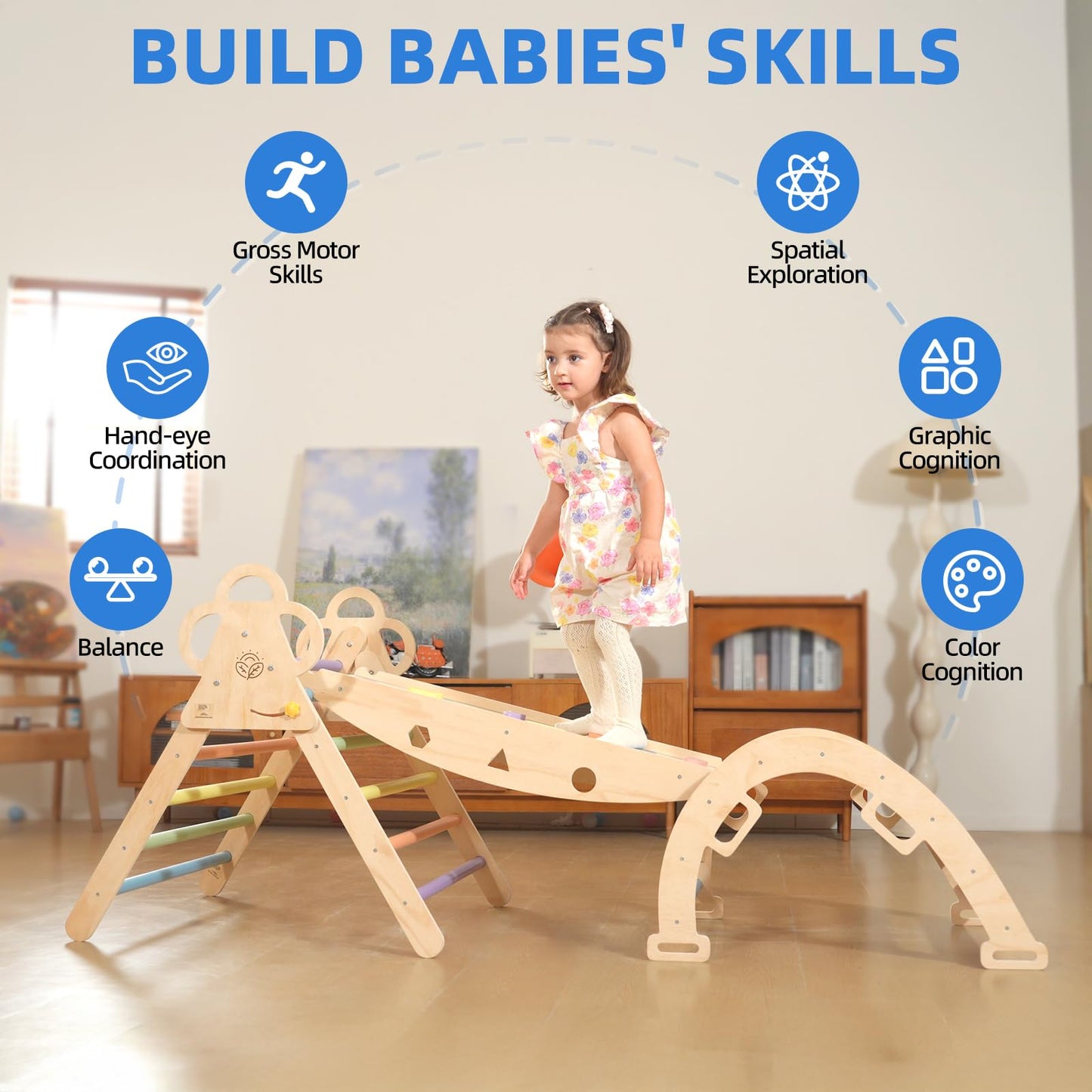 VENSEEN Baby Pikler Triangle Set with Cushion, 9-in-1 Foldable Wooden Climbing Toys for Toddlers, Indoor Montessori Jungle Gym Set for Kids Birthday Gift