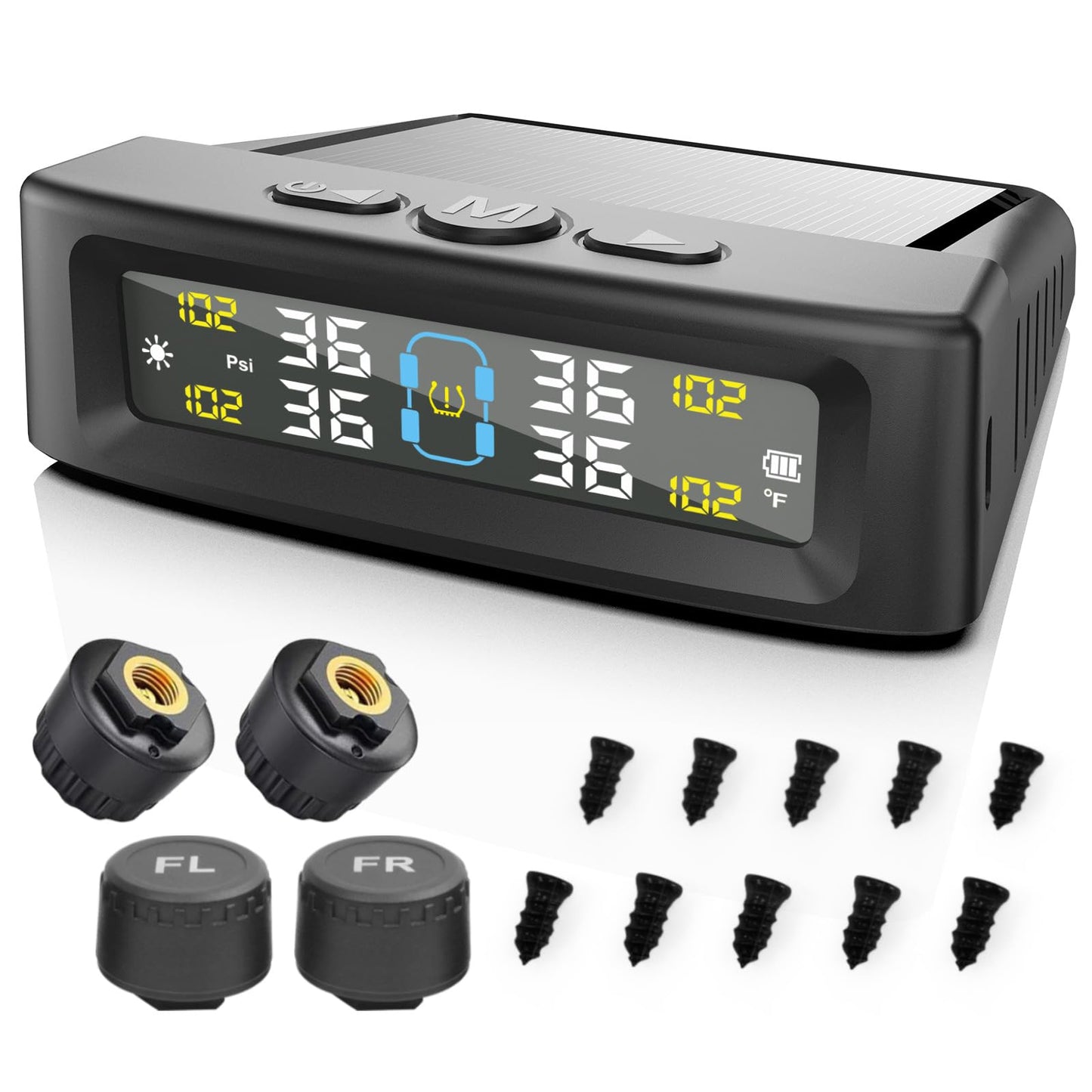 RV Tire Pressure Monitoring System 4-Wheel, Wireless Tire Pressure Monitoring Systems with 4 Sensors & 6 Alarm Modes, Solar/USB Charging, TPMS for RV Truck SUV w/ 10 Tire Repair Rubber Nails