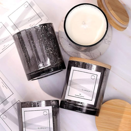 LAMORGIFT 10oz Dark Gray Glass Candle Jars With Lids (12 Pack) - Making Containers Include 15 Pcs Labels - Mercury Glass Jars