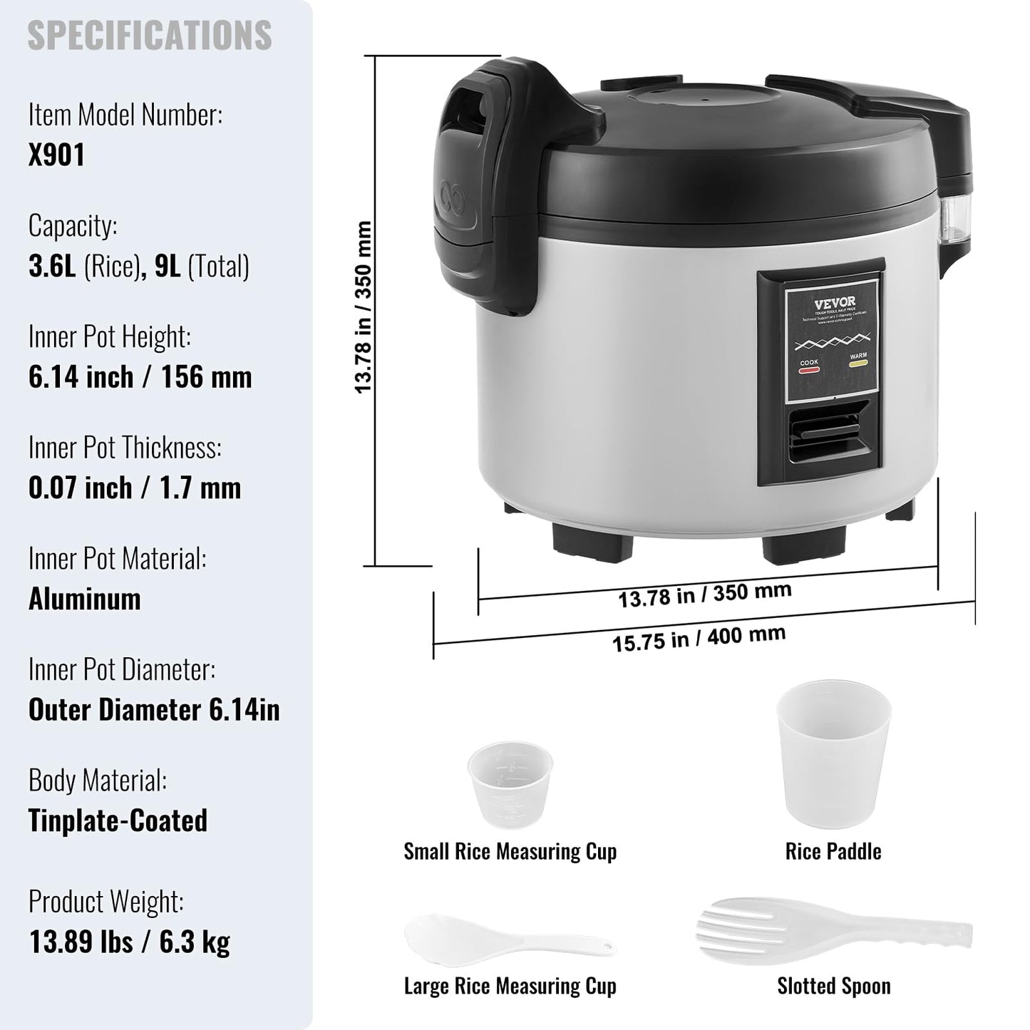 VEVOR Commercial Rice Cooker, 45-Cup Rice Cooker, 9.51 Qt / 9 Liter Large Rice Cooker and Warmer with Nonstick Inner Pot, Fast Cooking and 12-Hour Keep Warm, with Rice Cup and Paddle, for Restaurant