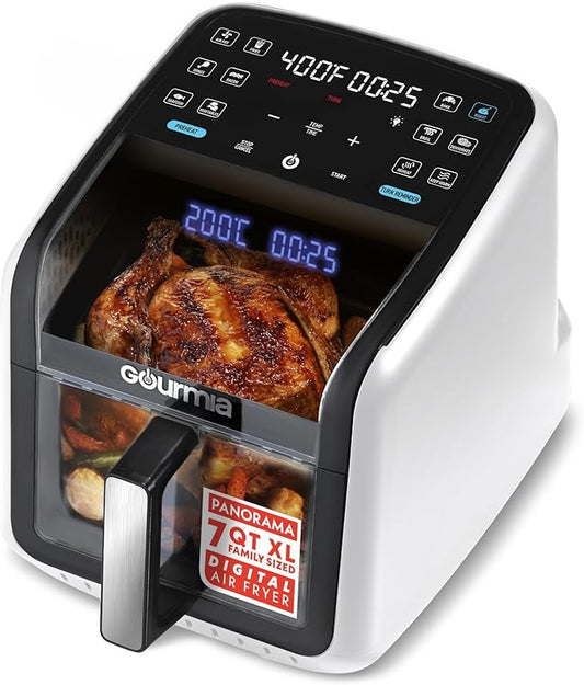 Gourmia Air Fryer 7 QT - Easy View Panorama Window & Interior Light, Guided Cooking with 12 One-Touch Presets, FryForce 360, Dishwasher Safe Accessories, White
