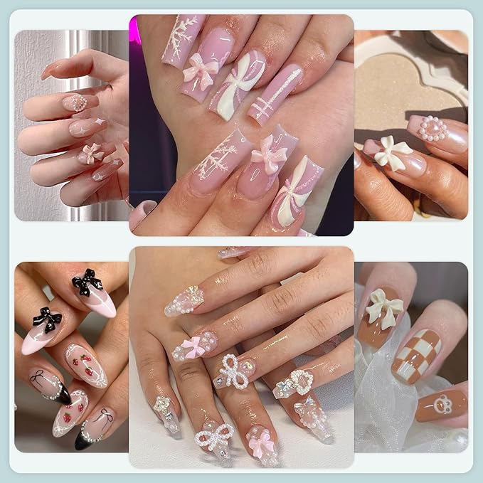 600 Pcs Bow Nail Charms and Flatback Pearls Set 2, 11 Colors Shiny Cute Bow Charms Nail Jewels and 2-4mm White Nail Pearls for Nail Art DIY Decoration with Pickup Tools
