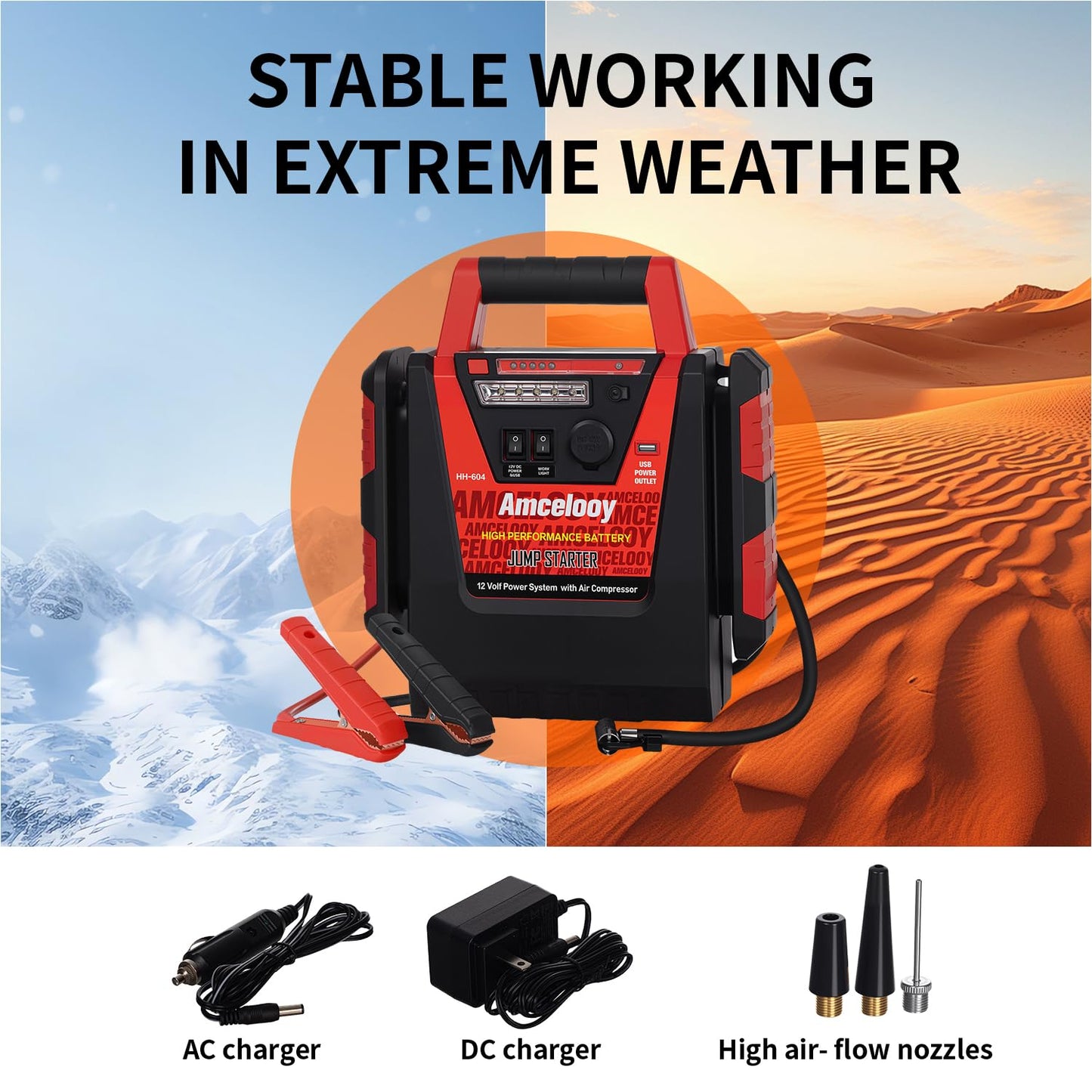 2000A Jump Starter with Air Compressor - Amcelooy Car Battery Jump Starter 260PSI Tire Inflator - Starts 8.0L Gas & 8.0L Diesel - 12V Portable Jump Box with LED Light & USB & DC Ports