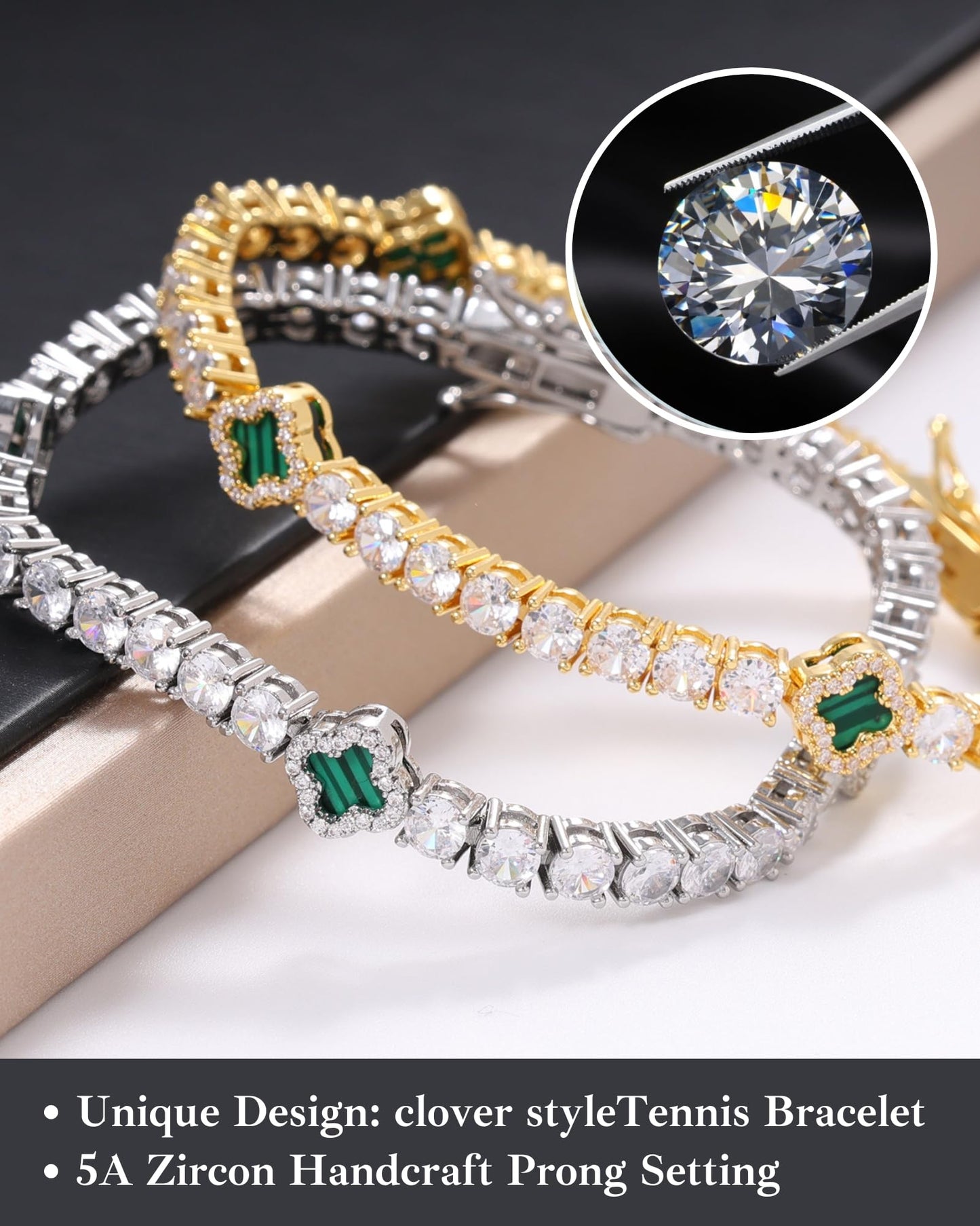 LuxeFlex 4mm Iced Out Clover Tennis Bracelet, White Gold Plated with 5A Zircon Stones, Handmade exquisite Hip Hop Jewelry, Perfect Unisex Gift (Gold-Green,7)