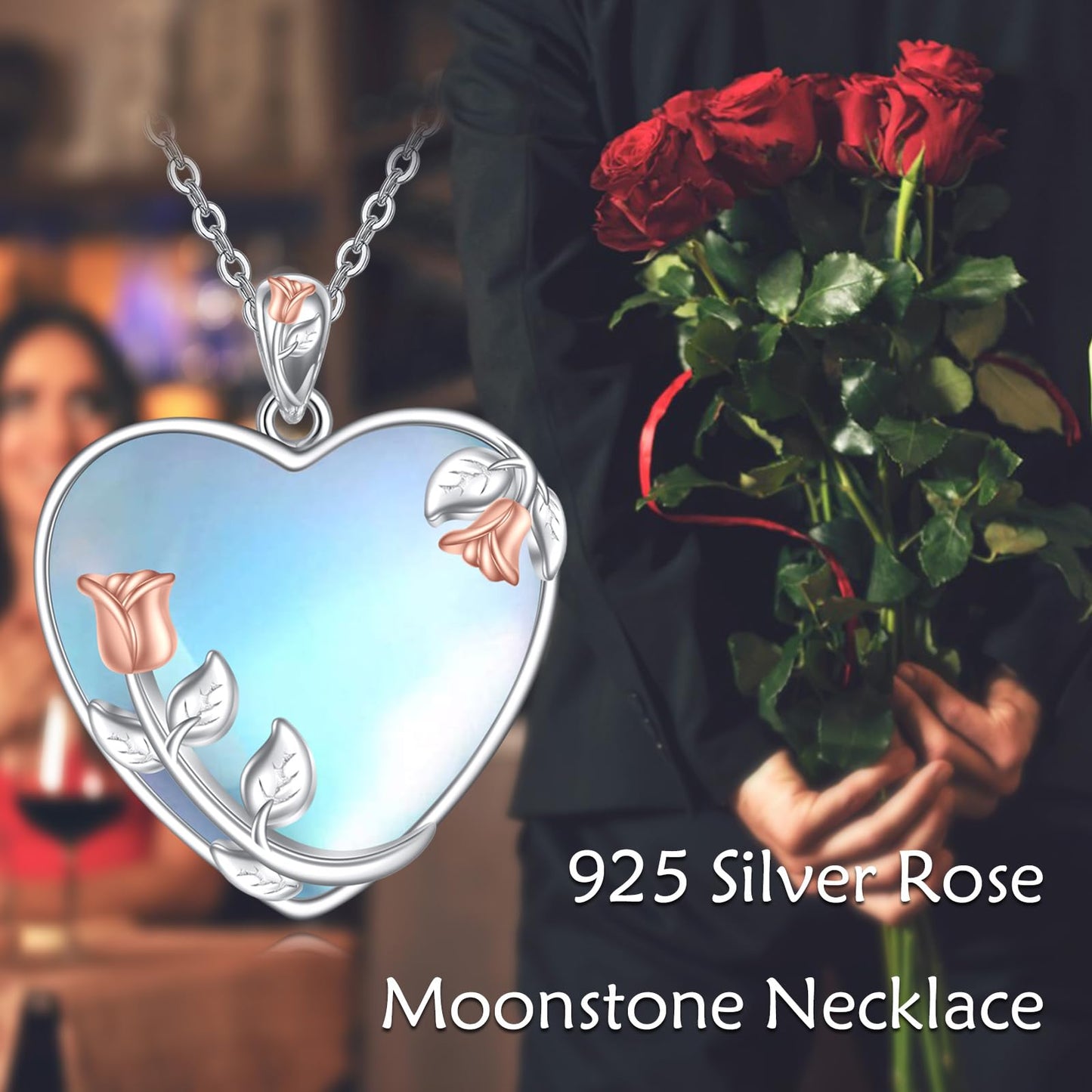 YAFEINI 925 Sterling Silver Heart Moonstone Necklace Rose Flower Filigree Pendant Necklace Jewelry Gift for Women (UU-Rose Flower Moonstone)
