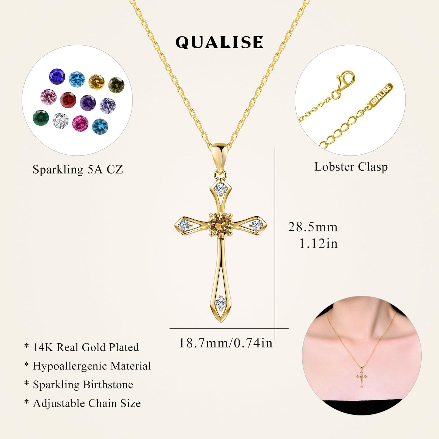 14K Gold Plated Solid Cross Necklace for Women,925 Sterling Silver Ladies Faith Cross Birthstone Pendant Christian Religious Confirmation Baptism Everyday Fine Jewelry Anniversary Birthday Gifts for Her
