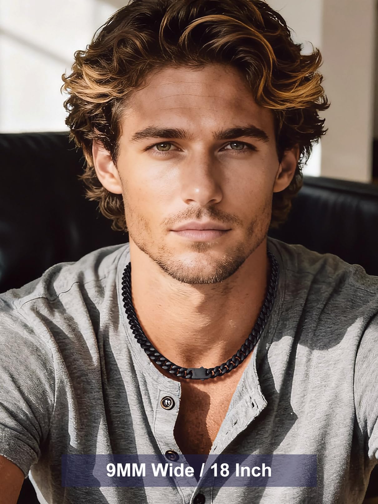 Bandmax 9MM Chunky Choker Necklace for Men Black Miami Link Chain Cuban Chains Mens Necklace Chain 18 Inch Gift for Husband Son Father