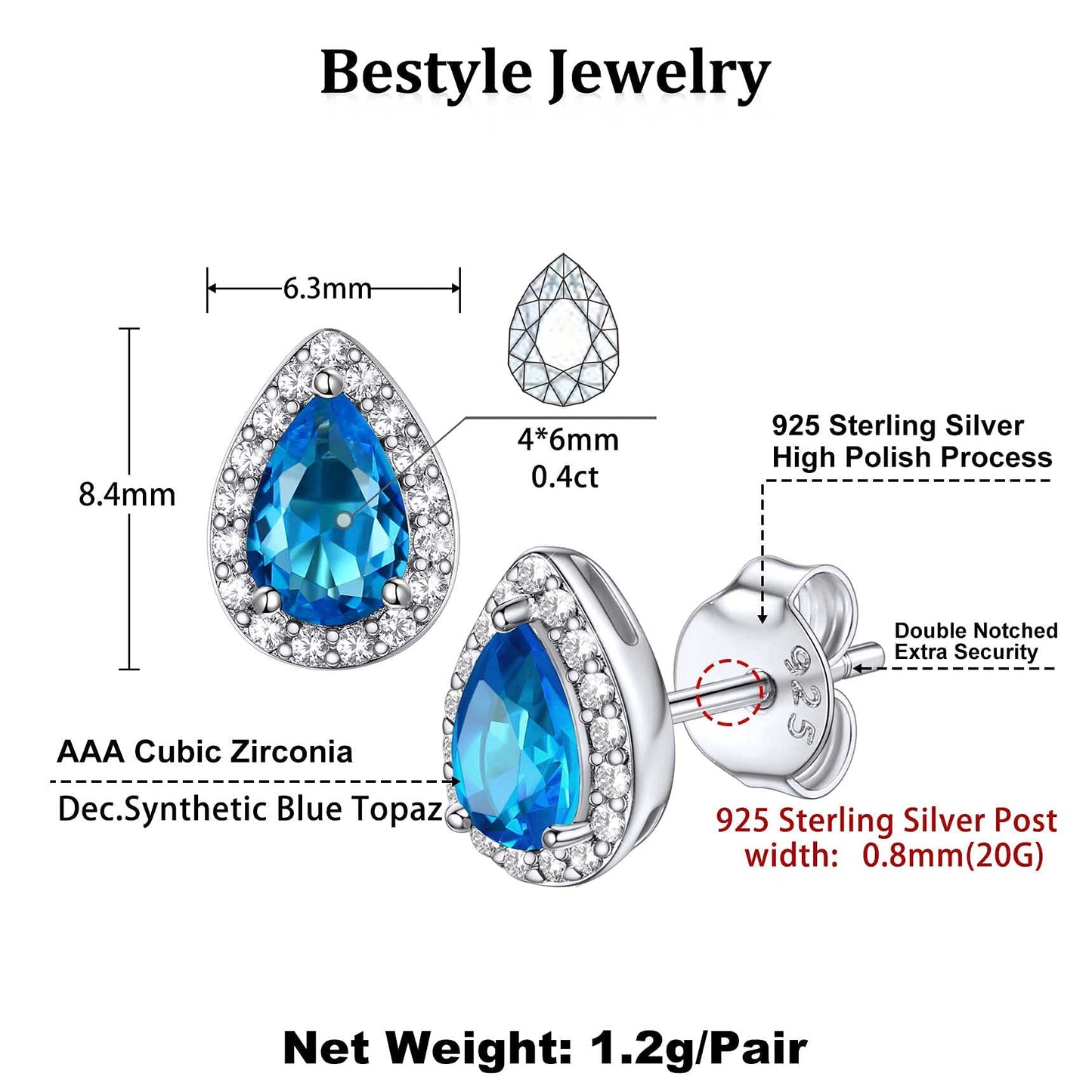 Bestyle CZ Teardrop Diamond Stud Earrings 5mm December Blue Topaz Birthstone Solitaire Earrings, 925 Sterling Silver Earrings Jewelry Gift for Wedding Anniversary Birthday