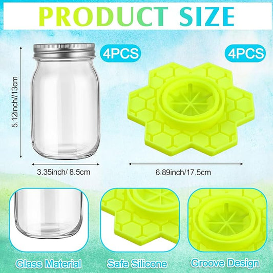 4 Pack Bee Feeder for Mason Jar Bee Watering Station Garden Silicone Sugar Water Feeder Beekeeping Drinking Equipment Tools with Mason Jars for Drinking Water(Yellow,Flower)