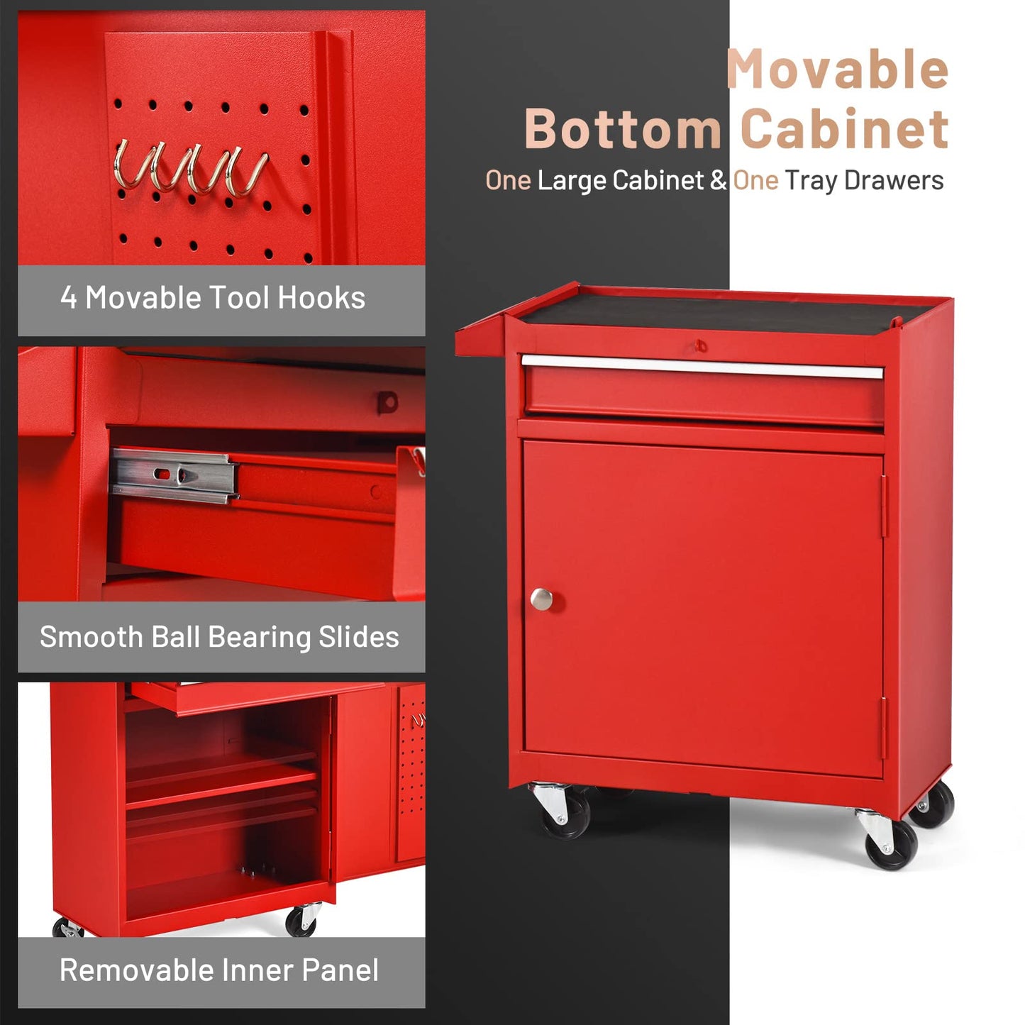 ERGOMASTER Tool Chest Heavy Duty Rolling Tool Box with Cabinet 5-Drawer for Lockable & Removable Cabinet for Garage and Workshop - 5-Drawer &Red