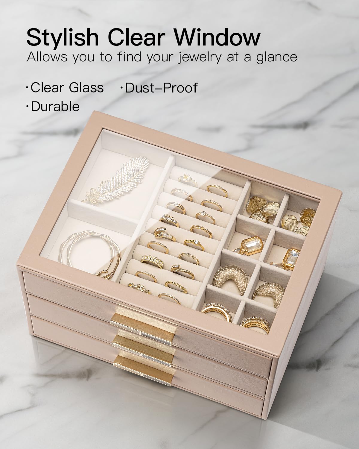 VLANDO 3 Layer Jewelry Box for Women, Mothers Day Gifts for Women, Glass Lid Jewelry Organizer with 3 Drawers for Necklaces Rings Earrings Bracelets - Toffee