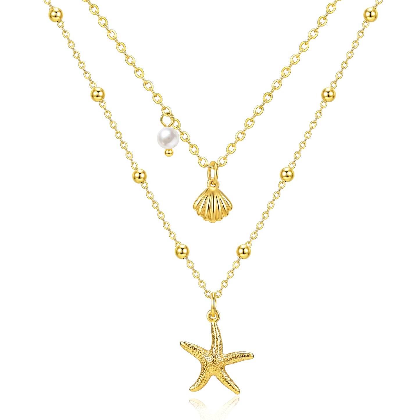 Zeffy Seashell Necklace for Women Dainty Stack Layered 14K Gold Plated Shell Starfish Pearl Pendant Charm Necklace Dainty Cute Non Tarnish Double Chain Necklace Set Jewelry for Summer Beach Vacation