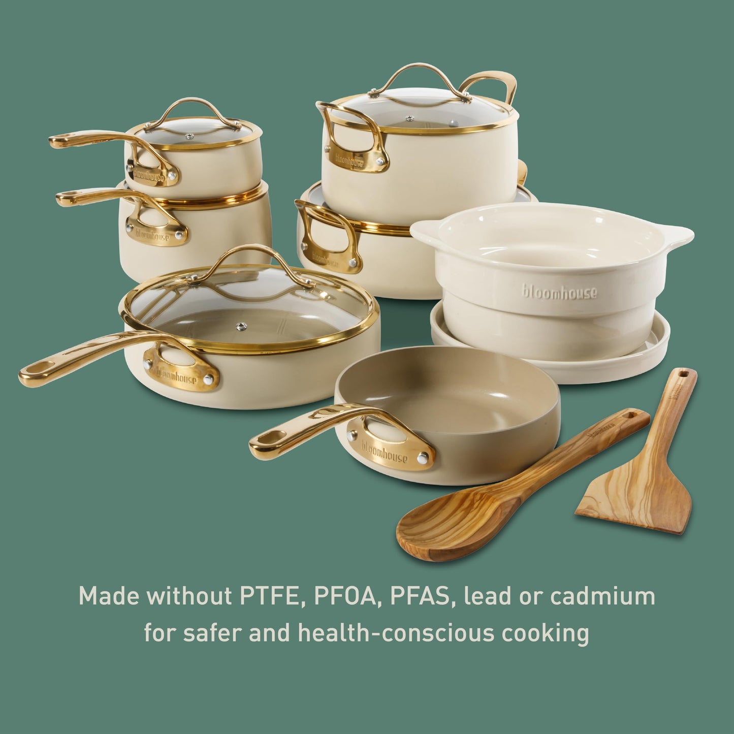 Bloomhouse - Two Time Oprah's Favorite Things Winner - 15 Piece Pots and Pans Heavy Duty Aluminum Premium PFA Free Ceramic Nonstick Cookware Set - Almond Cream w/Gold Handle