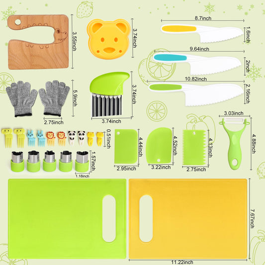 28PCS Toddler Knife Set - Kids Knifes for Real Cooking, Montessori Kids Kitchen Knife Set with Cutting Board Crinkle Cutters Kid Safe Knives, Toddlers Kitchen Tools for Age 2-10 Year Old Girl Boy