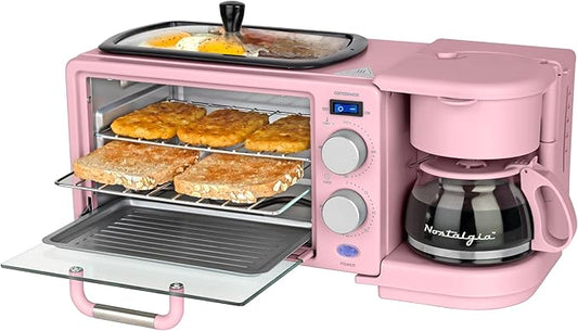 Nostalgia 3-in-1 Retro Breakfast Station - Includes 5 Cup Coffee Maker, Non-Stick Ceramic Griddle, and 4-Slice Toaster Oven - Built-In Timer, Reusable Coffee Filter, Space-Saving Design - Pink
