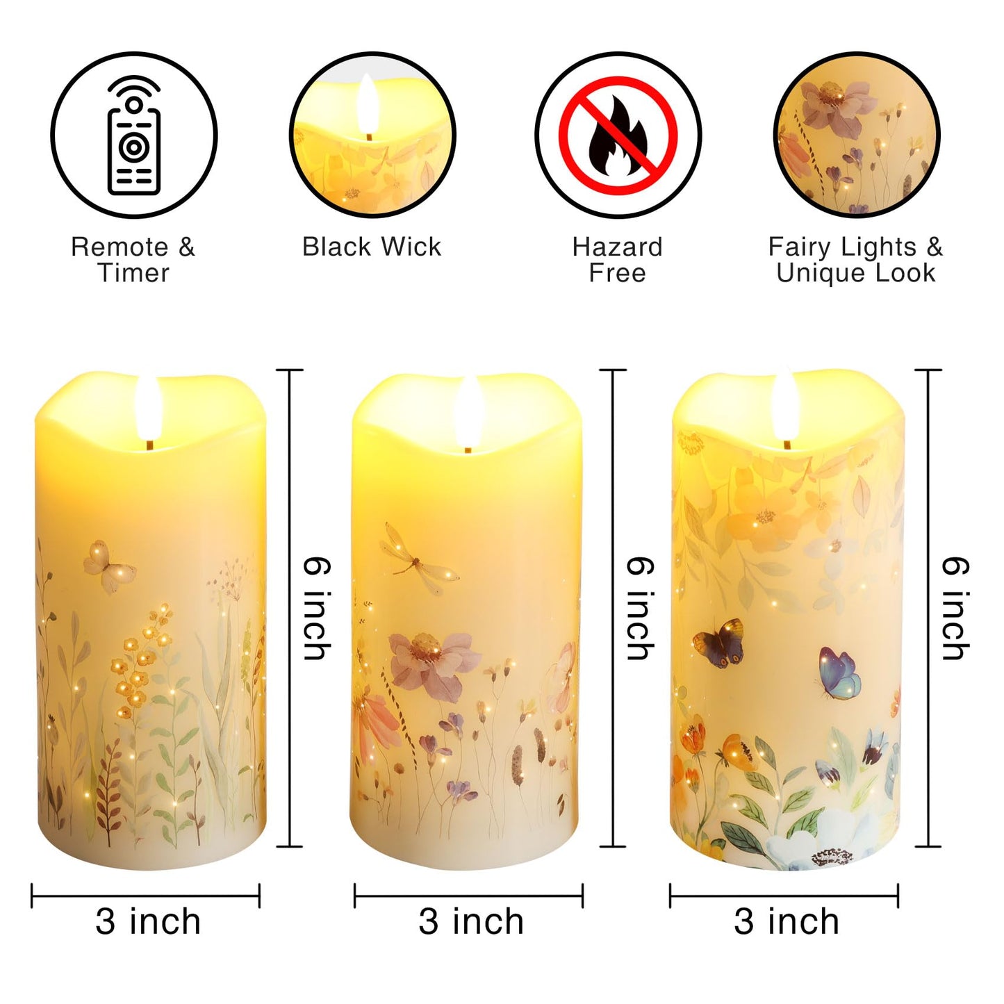 Eywamage Fiber Optic Flameless Pillar Candles with Remote Set of 3, Butterfly Floral Spring LED Candles Battery Operated Gift Φ 3" H 6"""