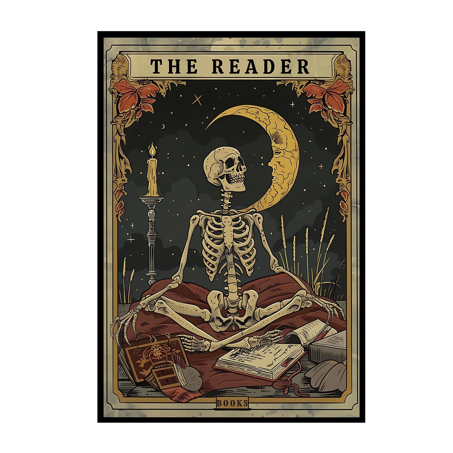 Tarot card wall art Skeleton Reader Tarot Picture Decor Library Reading Room School Decor Book Lover Witchy Gothic Halloween Canvas Paintings Gifts for Readers Book Lovers Gifts 16x24inch Unframed