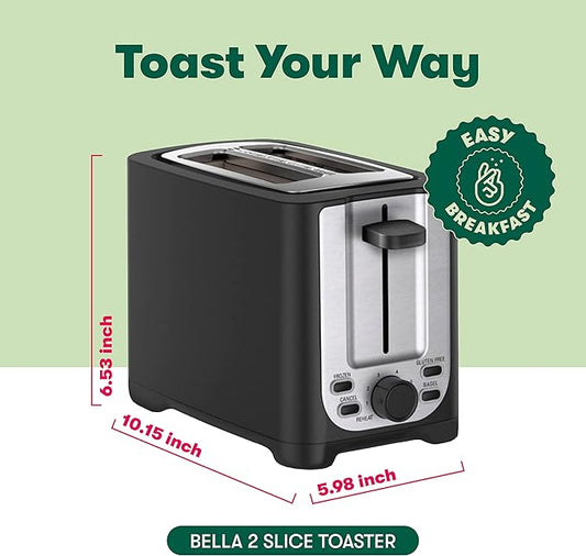 bella 2 Slice Toaster with Auto Shut Off,Extra Wide Slots & Removable Crumb Tray and Cancel,Defrost & Reheat Function,Toast Bread,Bagel-& Waffle,Black,(Pack of 6)