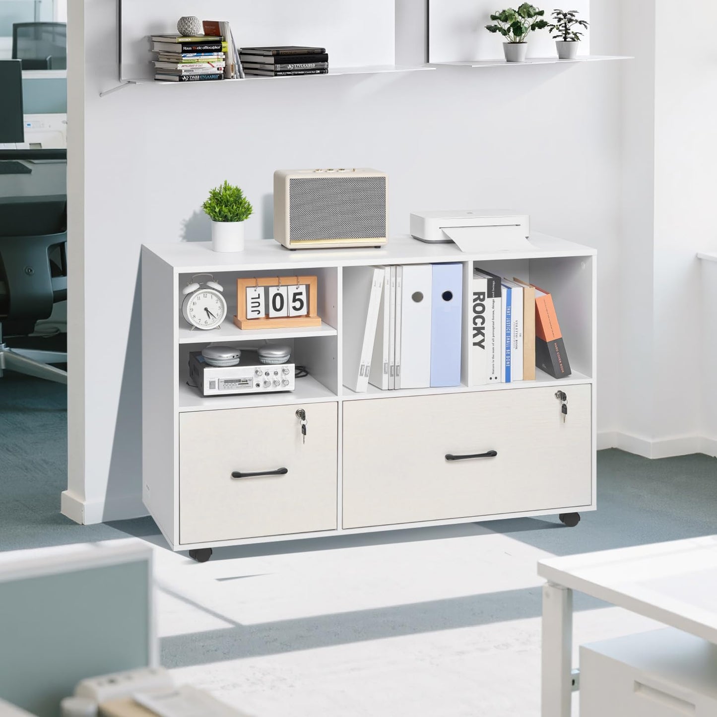 VEVOR 2 Drawer Wooden File Cabinet, Mobile Filing Cabinet with Open Shelves, Lockable Lateral Rolling File Storage with Adjustable Shelves, Free Standing Printer Stand for Home Office School, White
