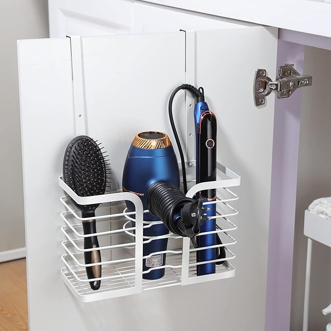YIGII Hair Dryer Holder Adjustable Height - Hair Tool Organizer White Bathroom Organizer Hot Styling Tools Storage for Hair Dryer, Flat Iron, Curling Iron, Straightener