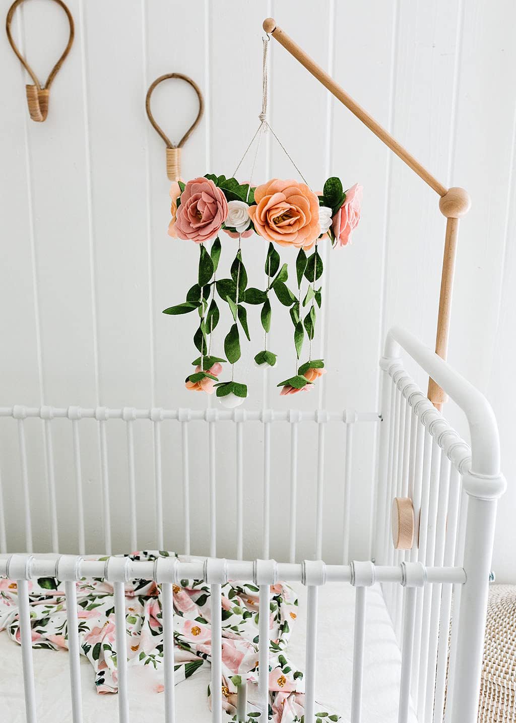 Baby Crib Mobile – Wooden Hanging Nursery Baby Mobile for Crib, Handmade Floral Nursery Decor for Girls, Perfect Shower Gift (Felt Rose) Also Fits Bassinets, Sorrel + Fern