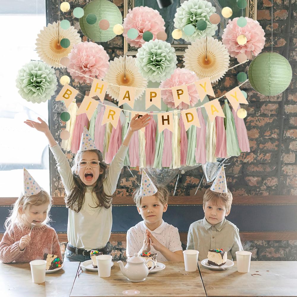 Sage Green Blush Pink Birthday Decorations Boho Pastel Sage Green and Dusty Pink Birthday Decorations for Women Girls Beige Fans with Light Pink Cream Dusty Rose Tassel Garlands Banner Beige and Gold