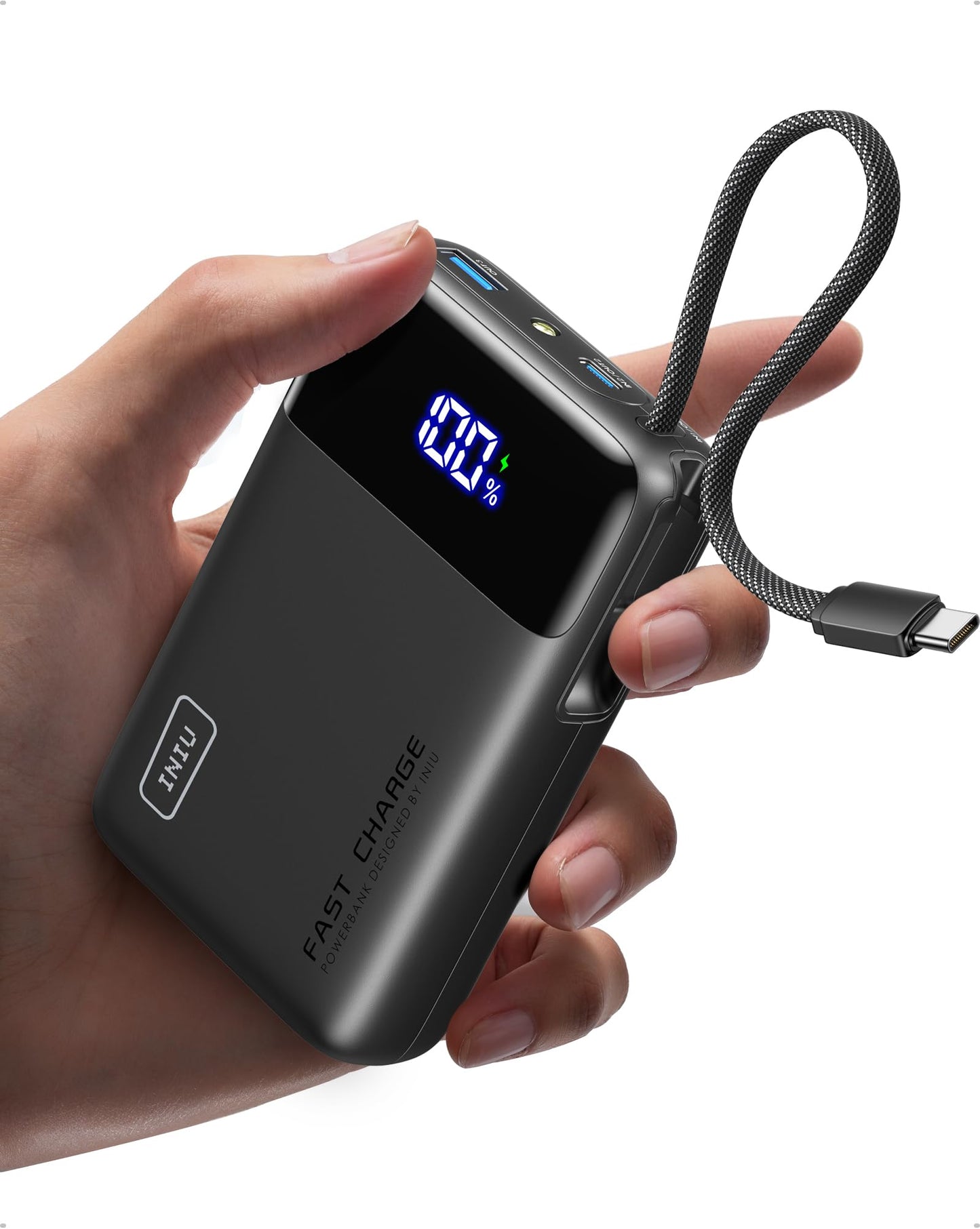 INIU 20000mAh Power Bank, Small Portable Charger, 45W PD Fast Charging Battery Pack with Build in USB-C Cable, Travel Phone Charger for iPhone 17 16 15 14 Air Samsung S25 S24 Google iPad Xiaomi, Black