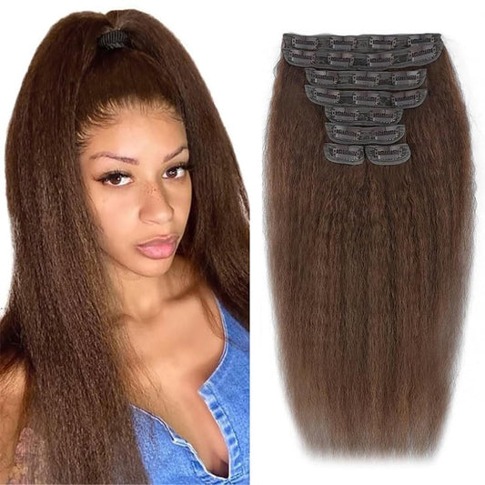 14 Inch Chocolate Brown Kinky Straight Clip in Hair Extensions Real Human Hair Clip in Extensions 8Pcs 110g 20 Clips Brazilian Virgin Hair Yaki Straight Clip ins Double Weft