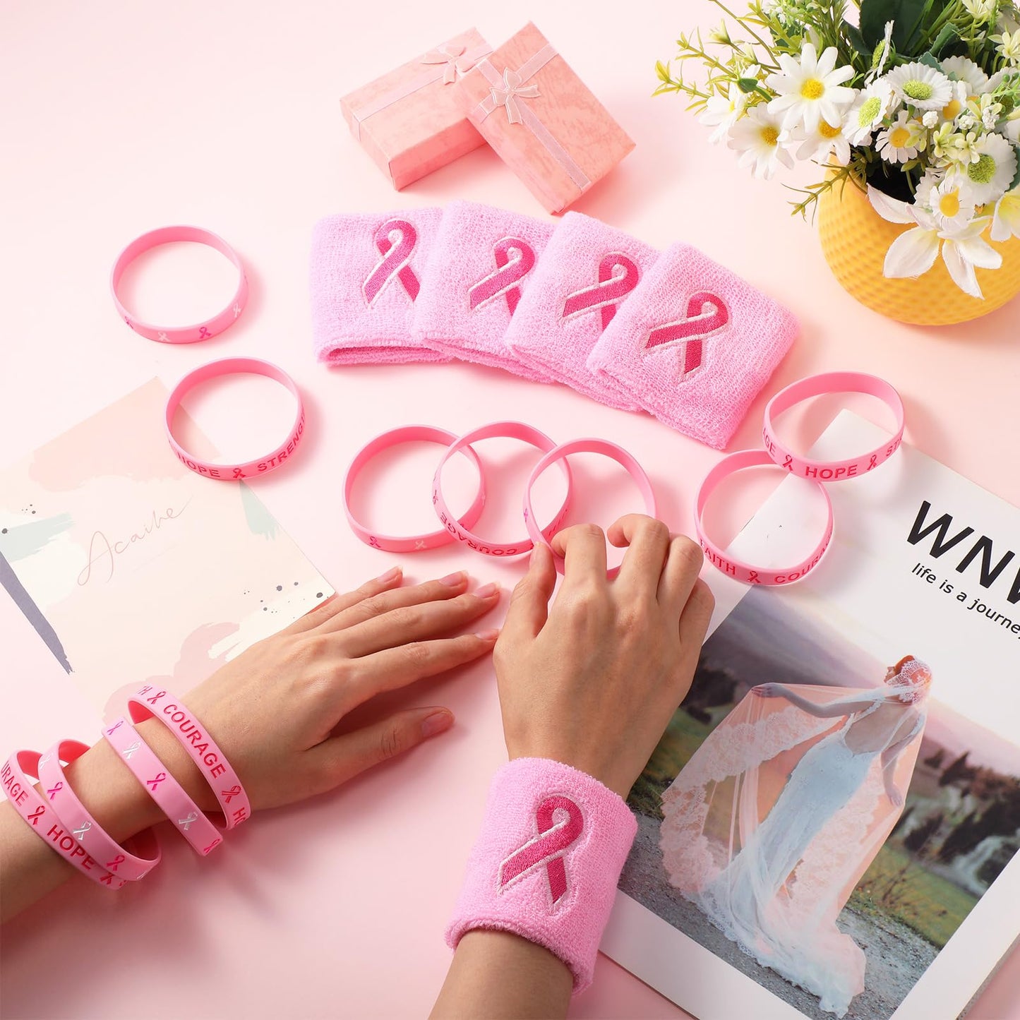 Wettarn 48 Pcs Breast Cancer Awareness Wristbands Silicone Pink Ribbon Cuffs Bulk Wrist Bands Football Inspiring Pink Sweatbands Awareness Gifts for Women Gym Athletic Sports Athletic Party Favors