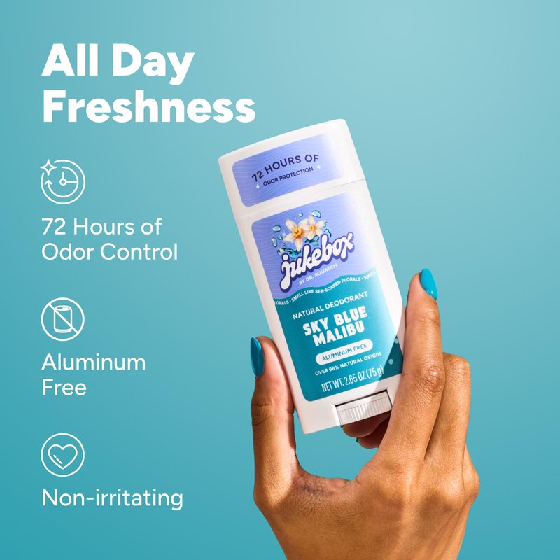 JUKEBOX Natural Deodorant for Women–Sky Blue Malibu Scent– Aluminum-Free, No Baking Soda, No Harsh Chemicals, Odor Blocking Technology, Neroli, Orange, Sea Salt-a Dr. Squatch Brand-2.65oz, 2 Pack