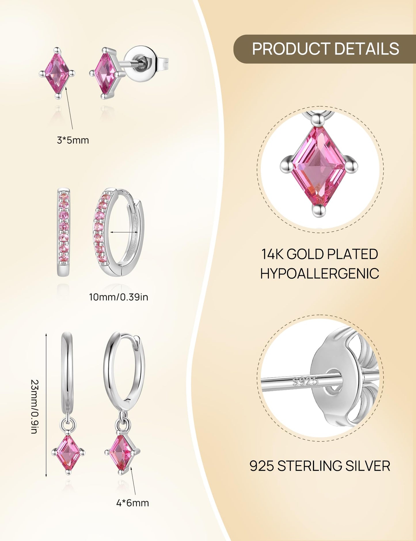 Angelady 3 Pairs Sterling Silver Pink Earrings Set for Women, Hypoallergenic Silver Magenta Dangle Earrings for Women, Dainty Huggie Hoop Pink Earring Stacks Trendy Red Jewelry Gifts
