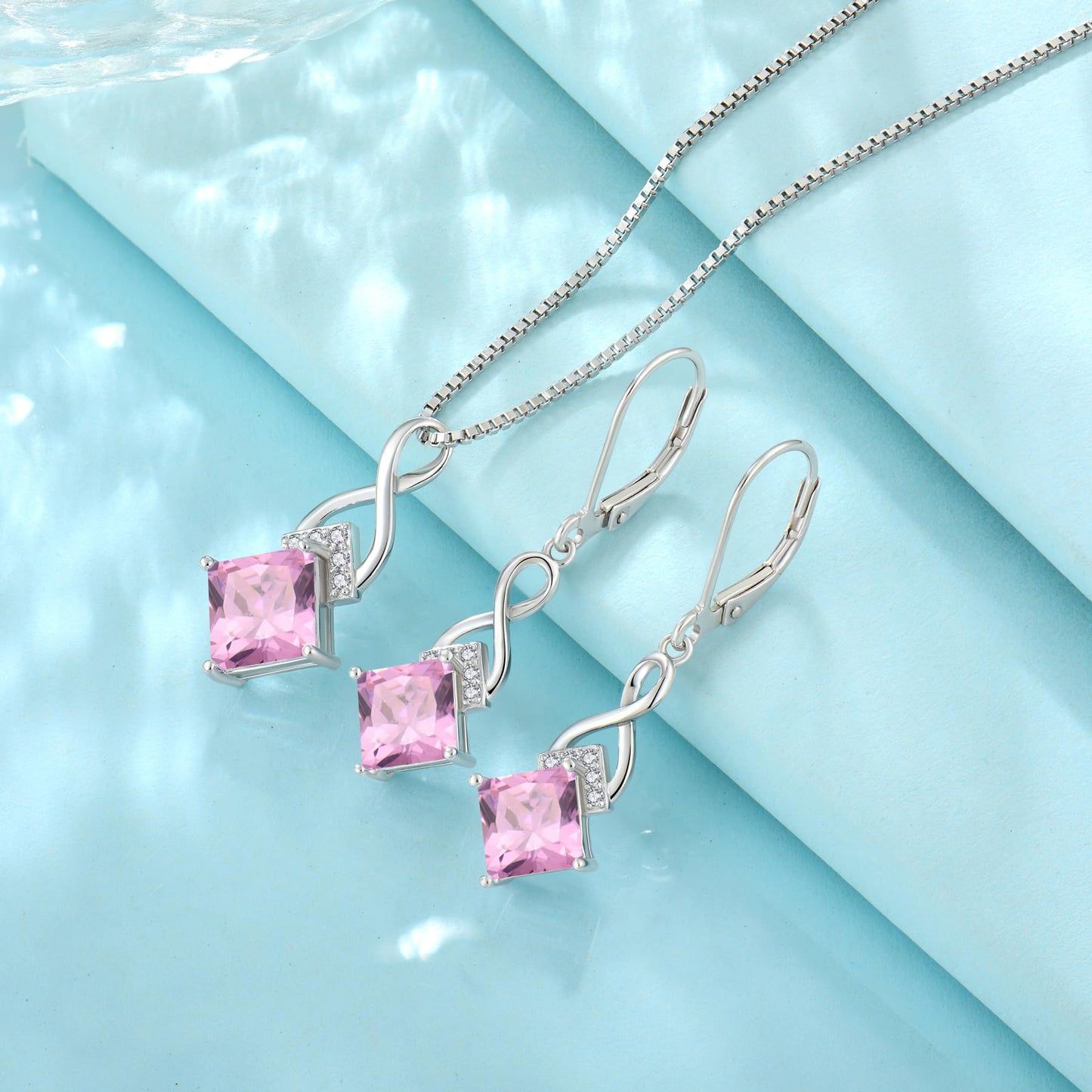 Rocayi Pink Tourmaline Jewelry Set 925 Sterling Silver Infinity Princess Cut Necklace and Earrings Set October Birthstone Jewelry for Women