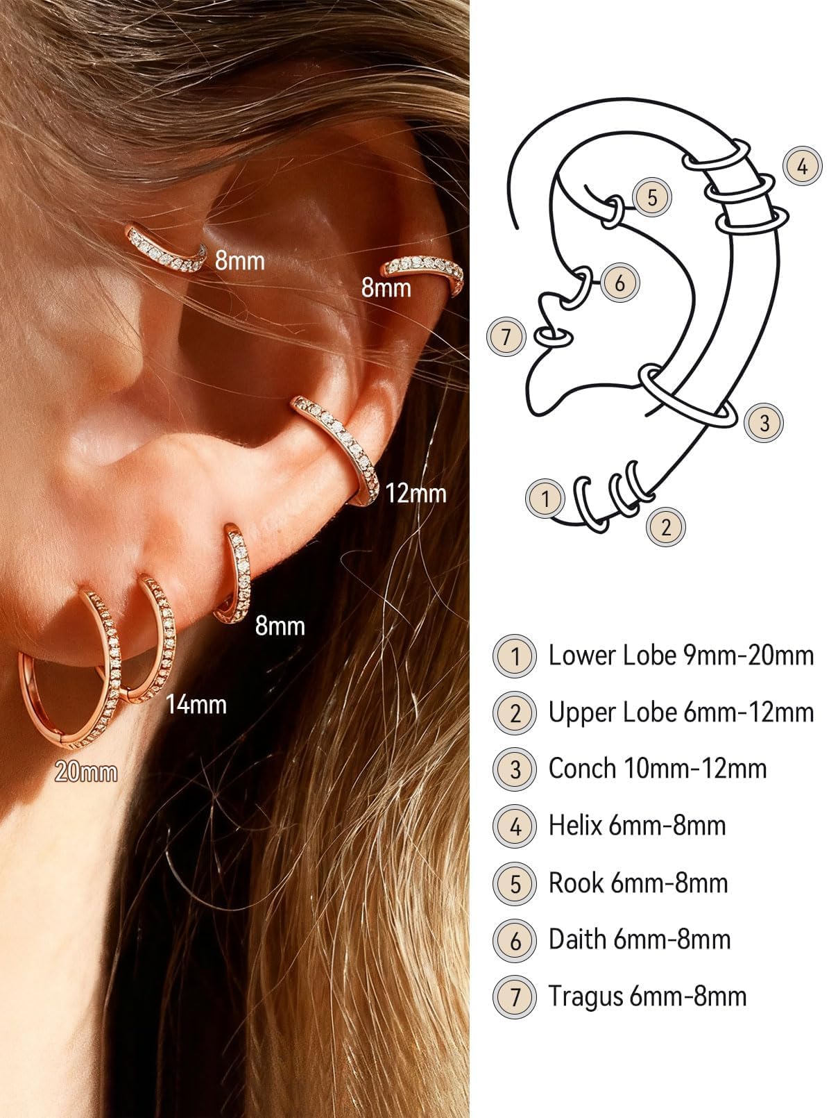 FaithHeart Cubic Zirconia Hoop Earrings for Women, Rose Gold Hypoallergenic Huggie Hoop Earrings, Small Cartilage Earrings for Women 8mm, Send Gift Box