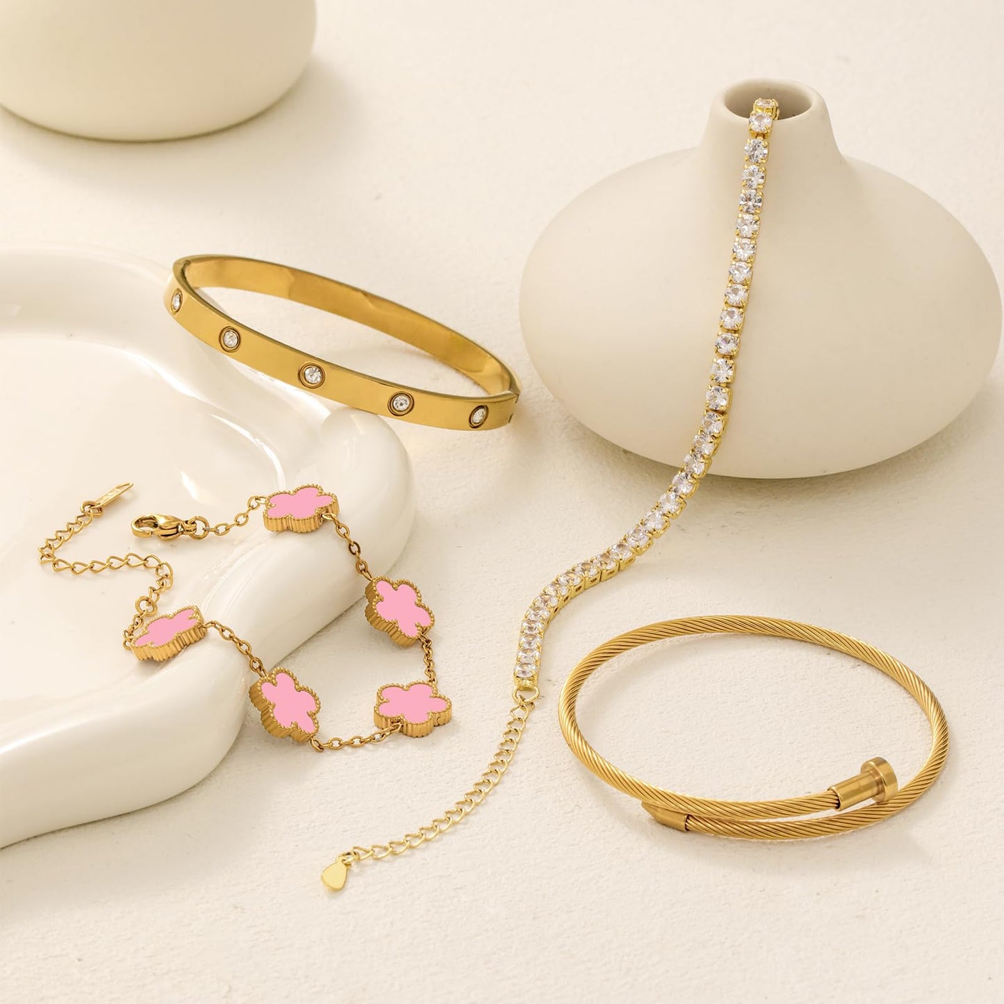 MEIERYA 18K Gold Plated Womens Stackable Floral Bracelets Set,Twisted Cable Bangle,Trendy Jewelry,Waterproof adjustable bracelet,Christmas Birthday Gifts for Girlfriend or Mother. (05-Color-pink)