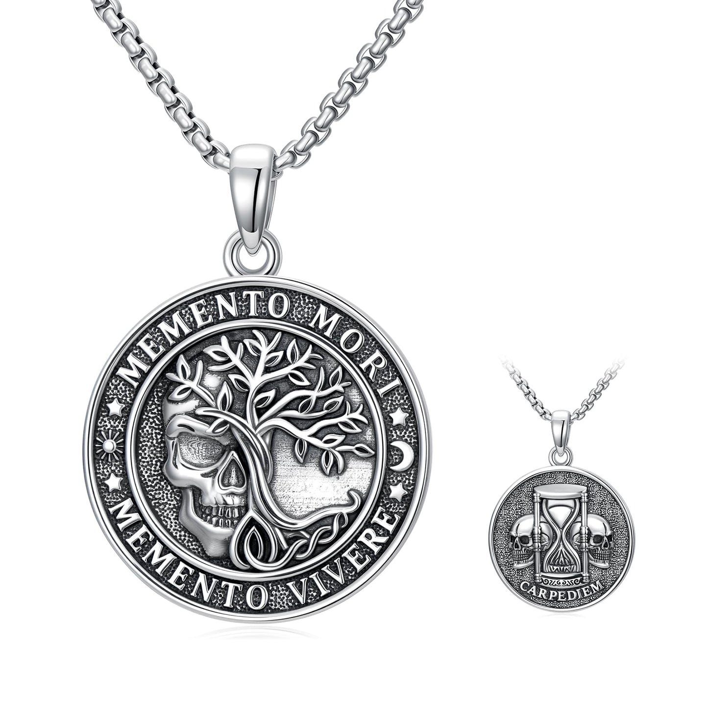 POIUY Memento Mori Necklace for Men Skull Pendant Gothic Tree of Life Hourglass Pendant Gothic Amulet Jewelry Amulet Protection Gift for Him Her